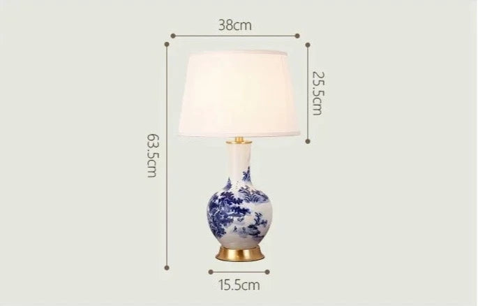 Lámpara de mesa vintage de cerámica blanca con estampado azul y pantalla de tela FIORI