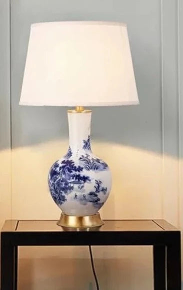 Lampe de table vintage en céramique blanc à motif bleu avec abat-jour en tissu FIORI