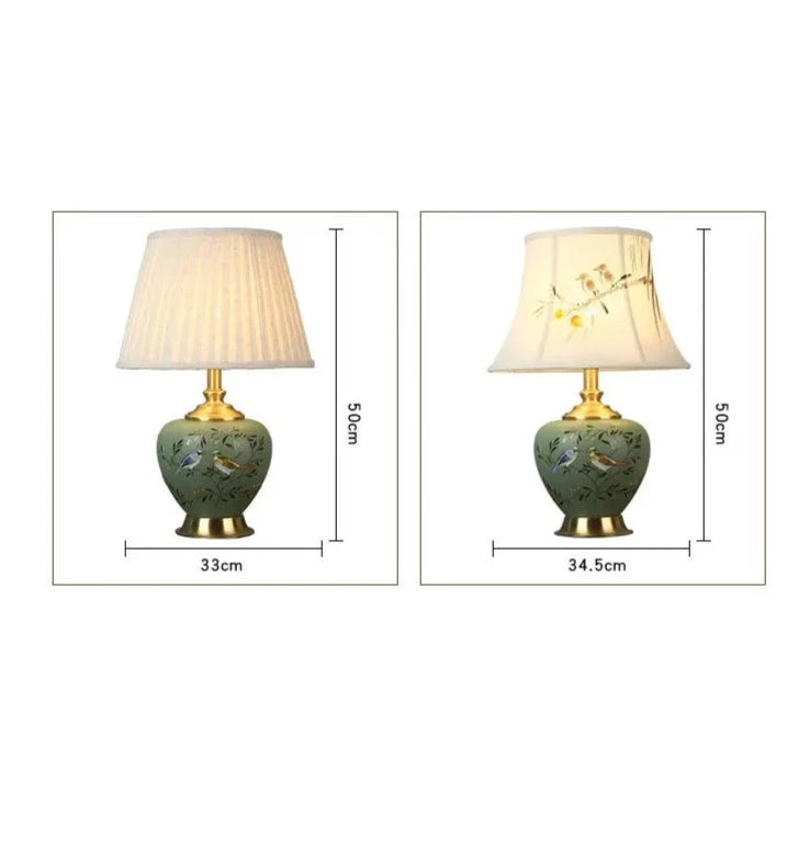 Lampe de Table vintage en céramique vert à motif avec abat-jour en tissu ILTA