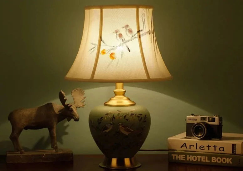 Lampe de Table vintage en céramique vert à motif avec abat-jour en tissu ILTA