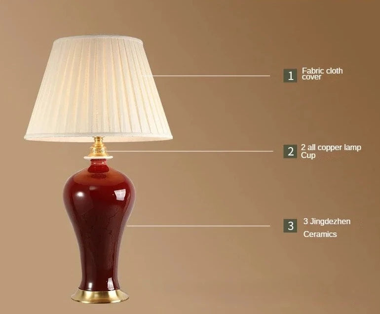 Lámpara de mesa vintage grande de cerámica roja con pantalla de tela SUENO