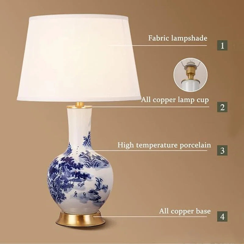 Lámpara de mesa vintage de cerámica blanca con estampado azul y pantalla de tela FIORI