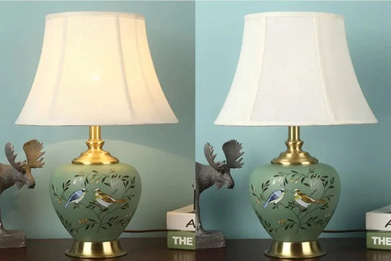 Lampe de Table vintage en céramique vert à motif avec abat-jour en tissu ILTA