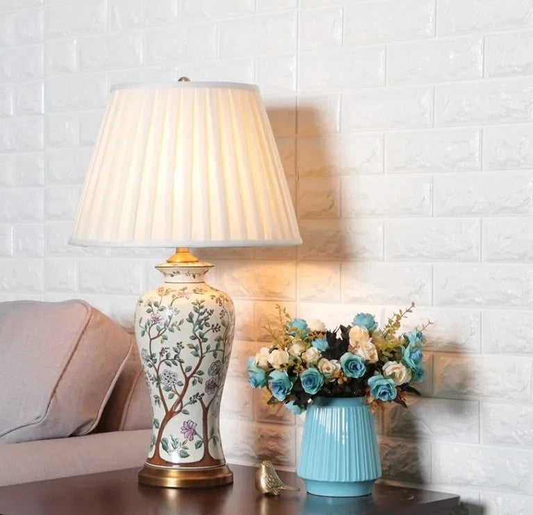 Lampe de Table en céramique blanc à motif avec abat-jour en tissu NANCY
