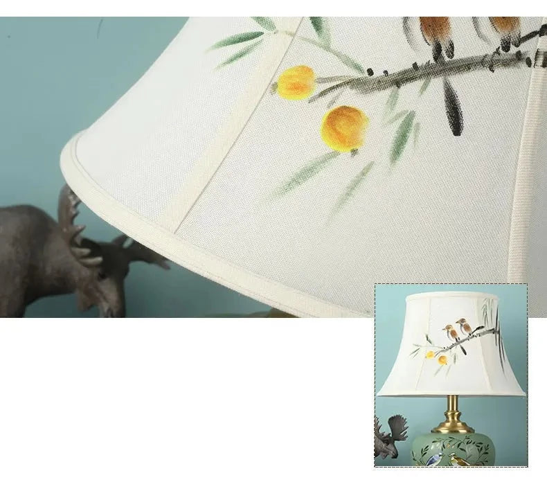 Lampe de Table vintage en céramique vert à motif avec abat-jour en tissu ILTA