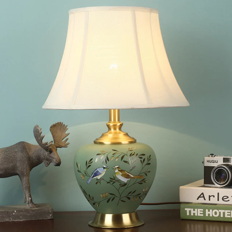 Lampe de Table vintage en céramique vert à motif avec abat-jour en tissu ILTA