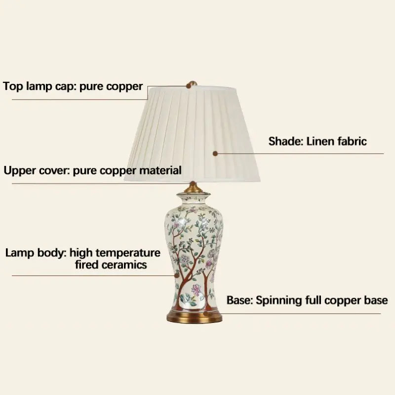 Lampe de Table en céramique blanc à motif avec abat-jour en tissu NANCY