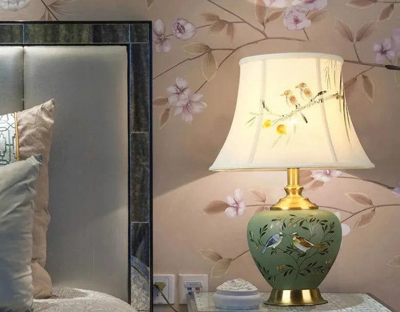 Lampe de Table vintage en céramique vert à motif avec abat-jour en tissu ILTA