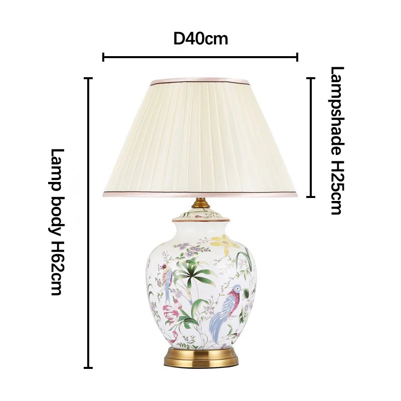 Lampe de Table en céramique blanc à motif avec abat-jour en tissu plissé ELEGANZA