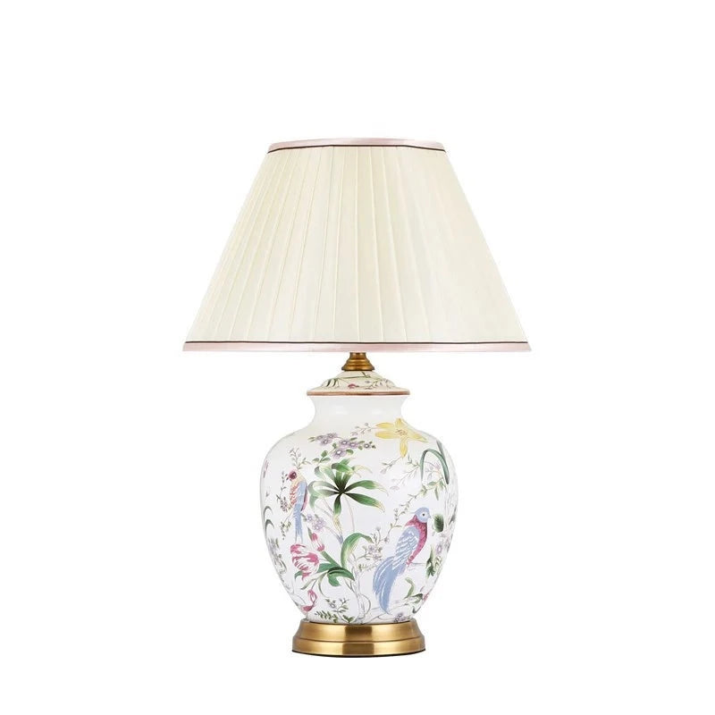 Lampe de Table en céramique blanc à motif avec abat-jour en tissu plissé ELEGANZA