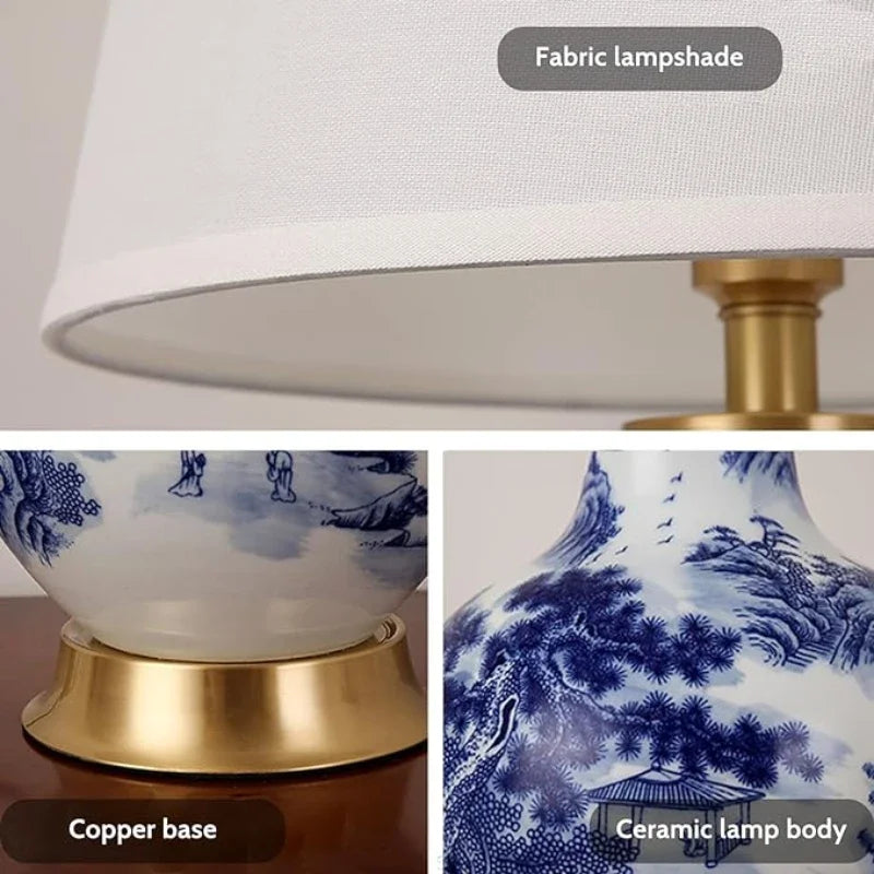 Lámpara de mesa vintage de cerámica blanca con estampado azul y pantalla de tela FIORI