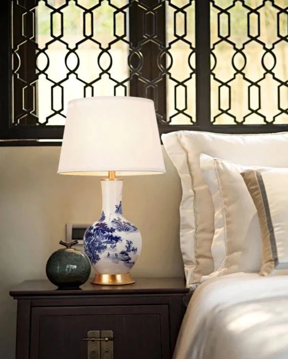 Lampe de table vintage en céramique blanc à motif bleu avec abat-jour en tissu FIORI