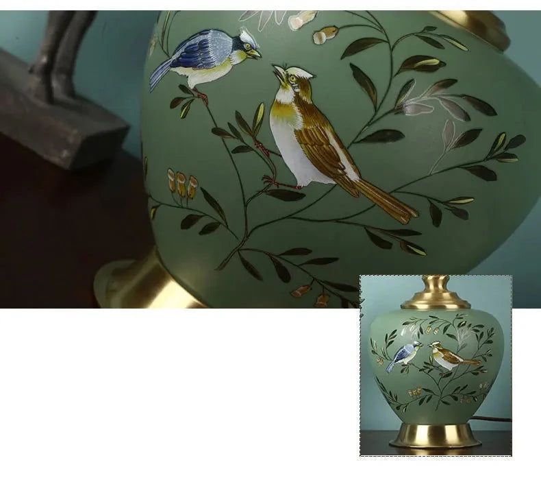 Lampe de Table vintage en céramique vert à motif avec abat-jour en tissu ILTA