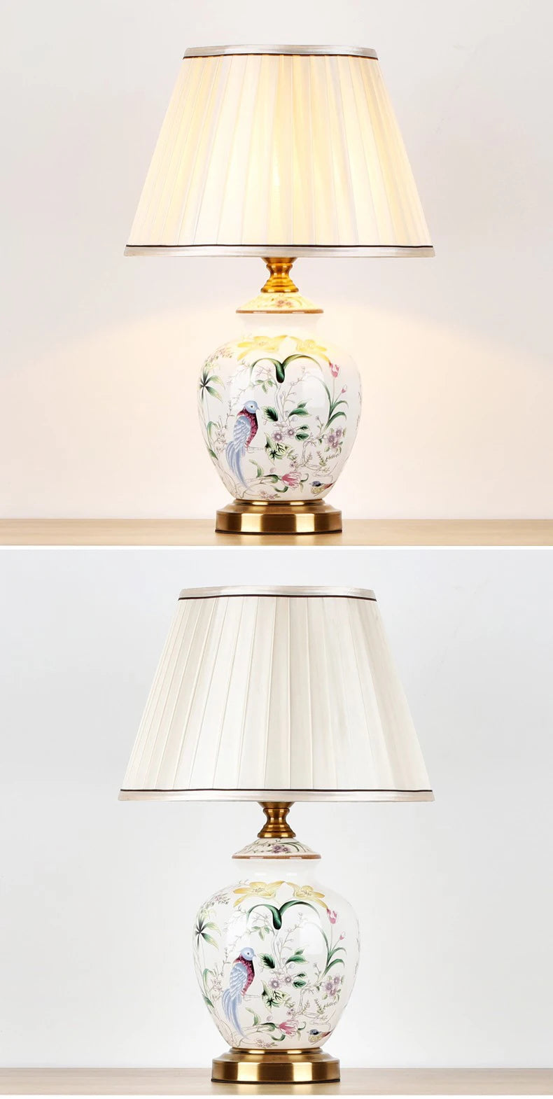 Lampe de Table en céramique blanc à motif avec abat-jour en tissu plissé ELEGANZA