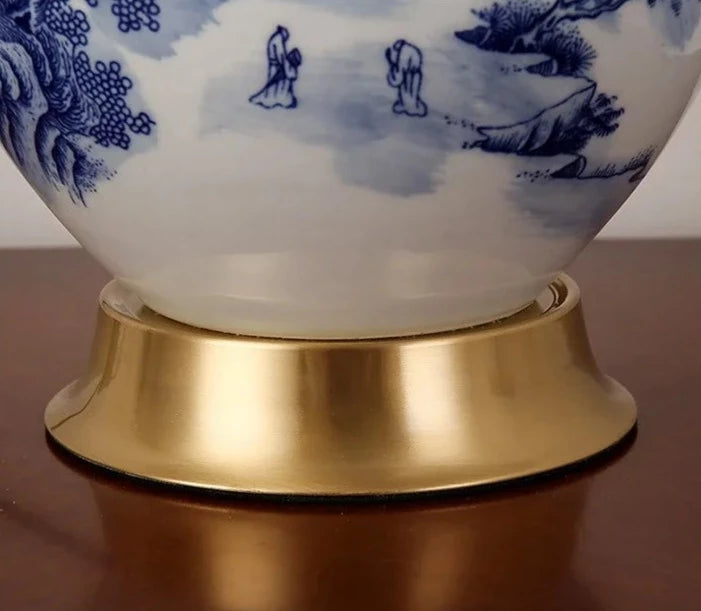 Lampe de table vintage en céramique blanc à motif bleu avec abat-jour en tissu FIORI