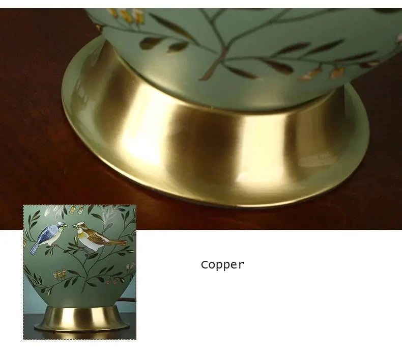 Lampe de Table vintage en céramique vert à motif avec abat-jour en tissu ILTA