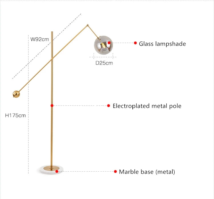 Lampadaire design moderne réglable en métal doré avec abat-jour en verre VERSO