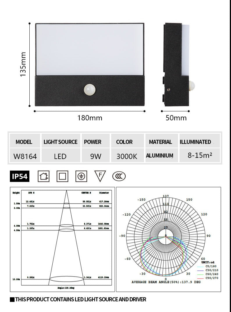 Applique murale LED d'extérieur en aluminium étanche IP54 et antirouille avec détecteur de mouvement OWL36