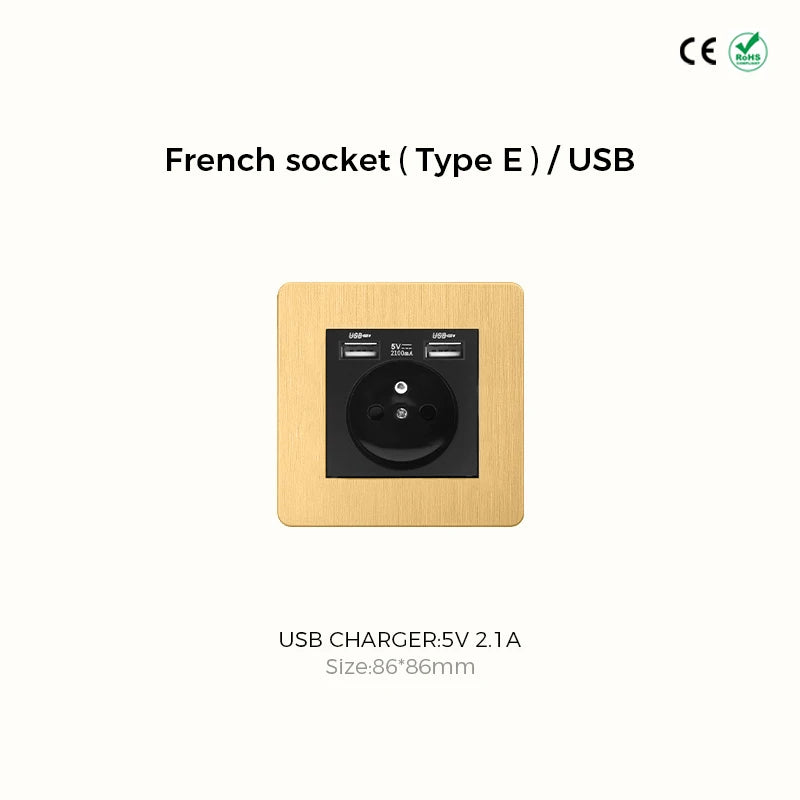Prises et interrupteurs design à poussoir en acier inoxydable doré effet brossé SS20