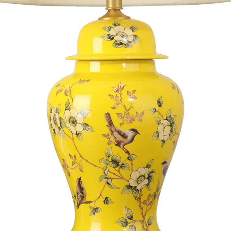 Lampe de Table en céramique jaune à motif fleuri avec abat-jour en tissu VIOLET