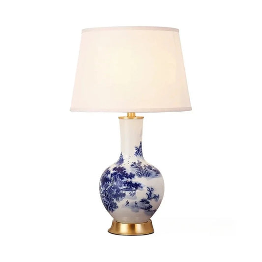 Lampe de table vintage en céramique blanc à motif bleu avec abat-jour en tissu FIORI