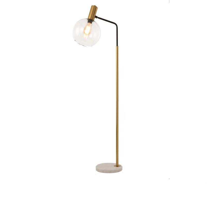 Lampadaire design en métal doré avec base en marbre et abat-jour en verre LEXY