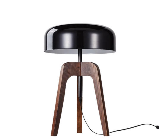 Lampe de table trépied design en bois et abat-jour en métal RODDO