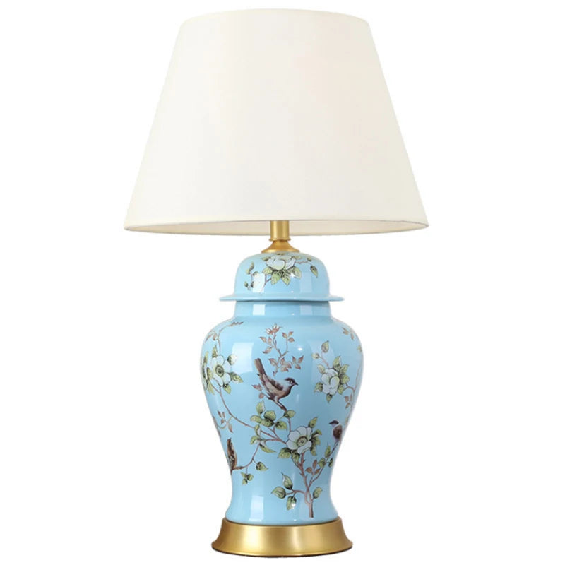 Lampe de Table en céramique bleu à motif fleuri avec abat-jour en tissu VIOLET