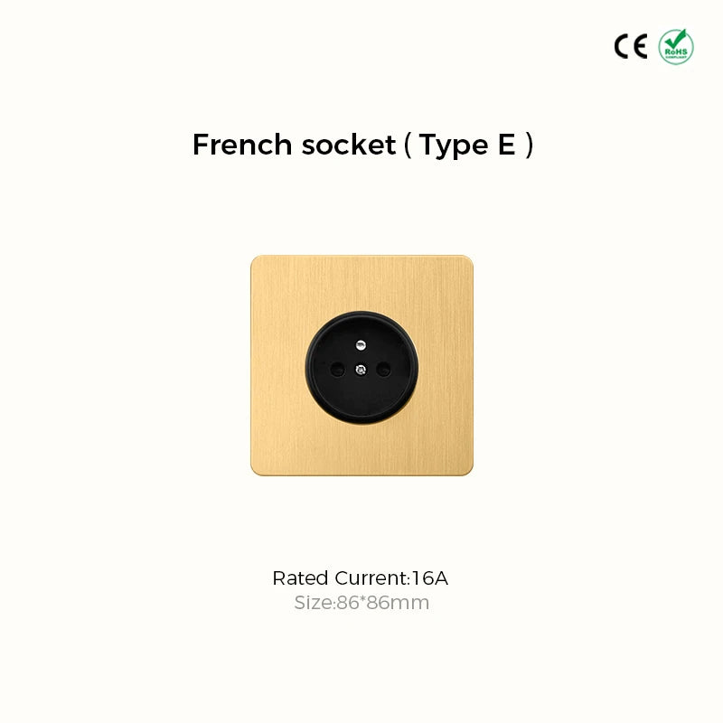 Prises et interrupteurs design à poussoir en acier inoxydable doré effet brossé SS20