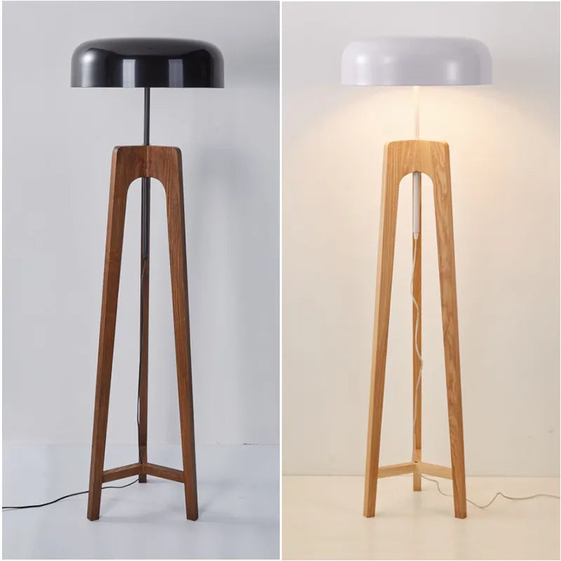 Lampadaire trépied design en bois et abat-jour en métal RODDO