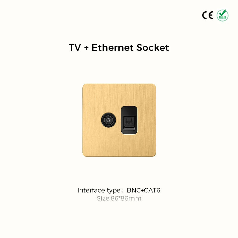 Prises et interrupteurs design à poussoir en acier inoxydable doré effet brossé SS20