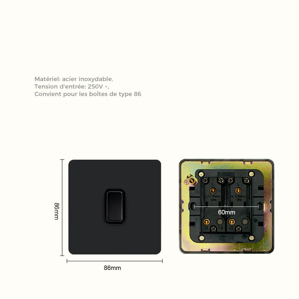 Prises et interrupteurs design à poussoir en acier inoxydable noir mat SS21