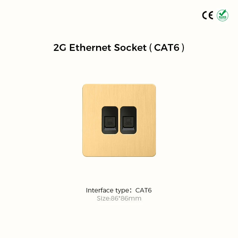 Prises et interrupteurs design à poussoir en acier inoxydable doré effet brossé SS20