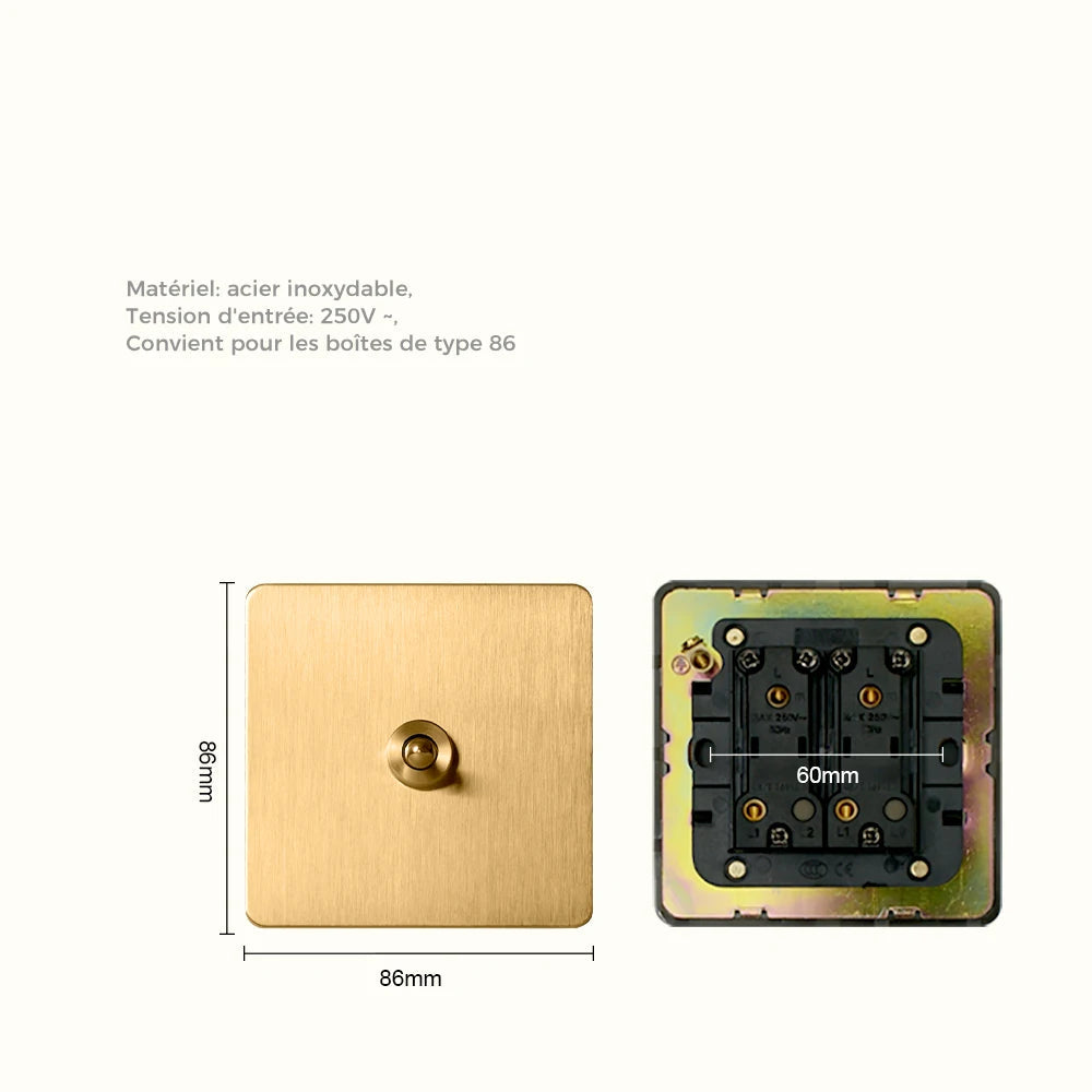 Prises et interrupteurs design à bascule en acier inoxydable doré effet brossé SXS12