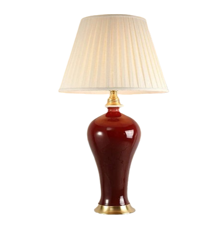 Lampe de table vintage en céramique rouge avec abat-jour en tissu SUENO