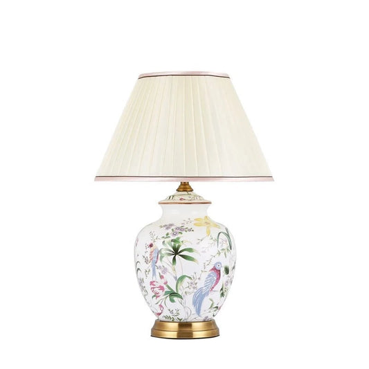 Lampe de Table en céramique blanc à motif avec abat-jour en tissu plissé ELEGANZA