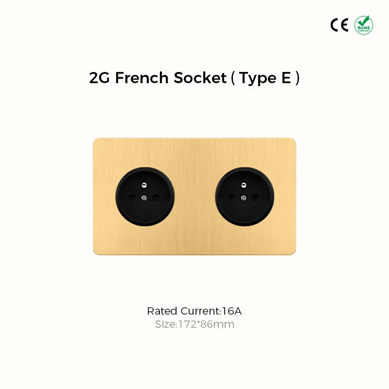 Prises et interrupteurs design à poussoir en acier inoxydable doré effet brossé SS20