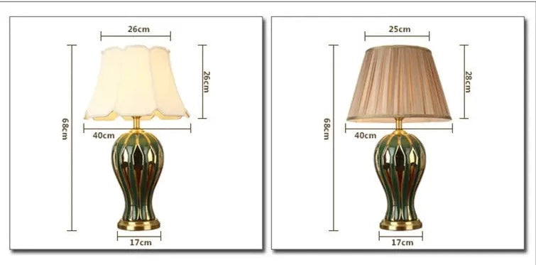 Lampe de table style vintage en céramique vert et doré avec abat-jour en tissu GLAMOUR