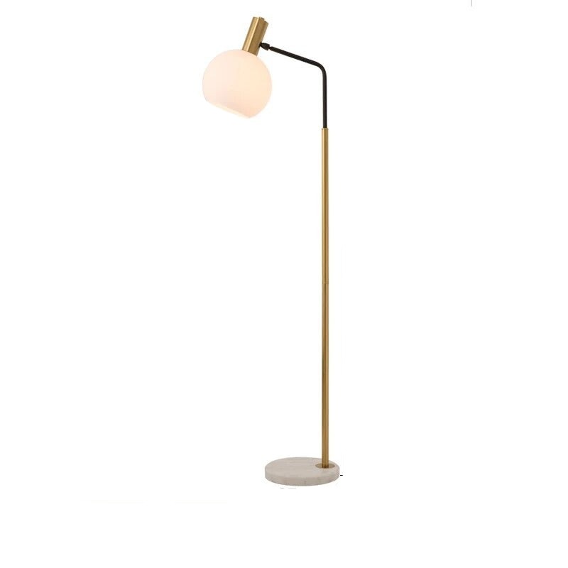 Lampadaire design en métal doré avec base en marbre et abat-jour en verre LEXY