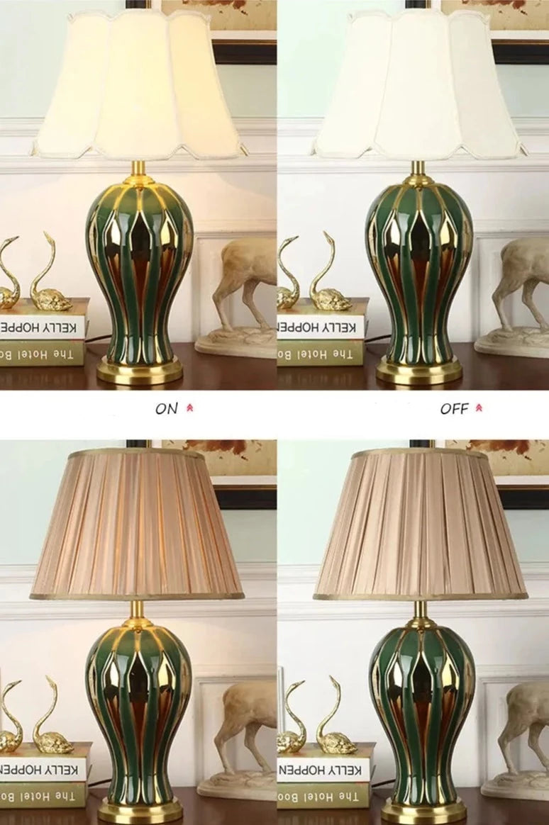 Lampe de table style vintage en céramique vert et doré avec abat-jour en tissu GLAMOUR