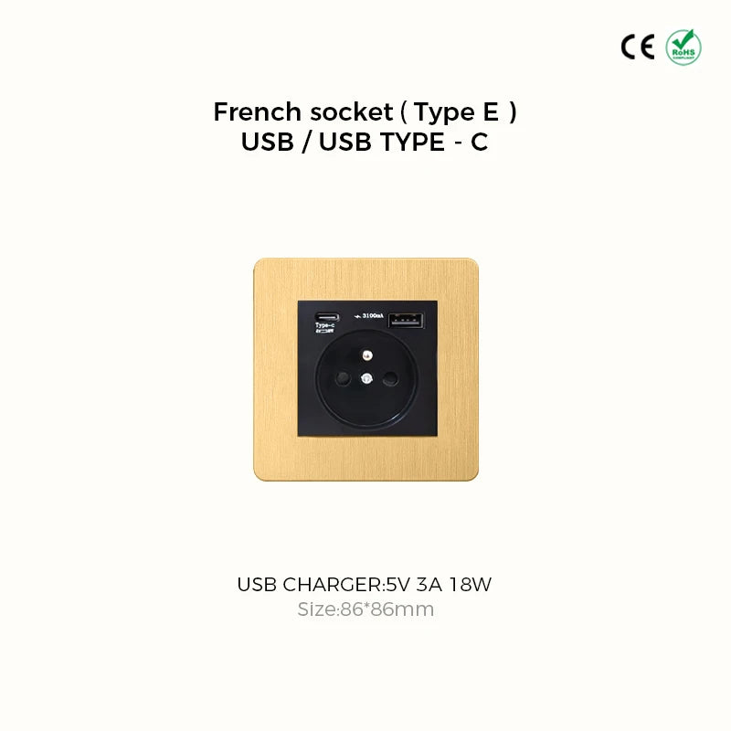 Prises et interrupteurs design à poussoir en acier inoxydable doré effet brossé SS20