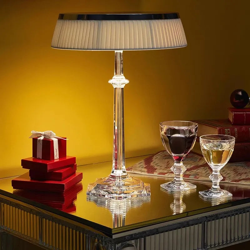 Lampe de table design transparente avec abat-jour en tissu BOUGI