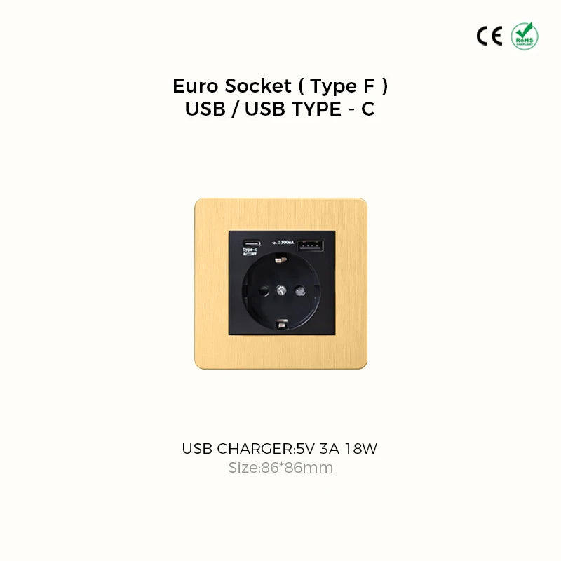 Prises et interrupteurs design à poussoir en acier inoxydable doré effet brossé SS20