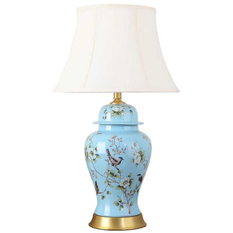 Lampe de Table en céramique bleu à motif fleuri avec abat-jour en tissu VIOLET