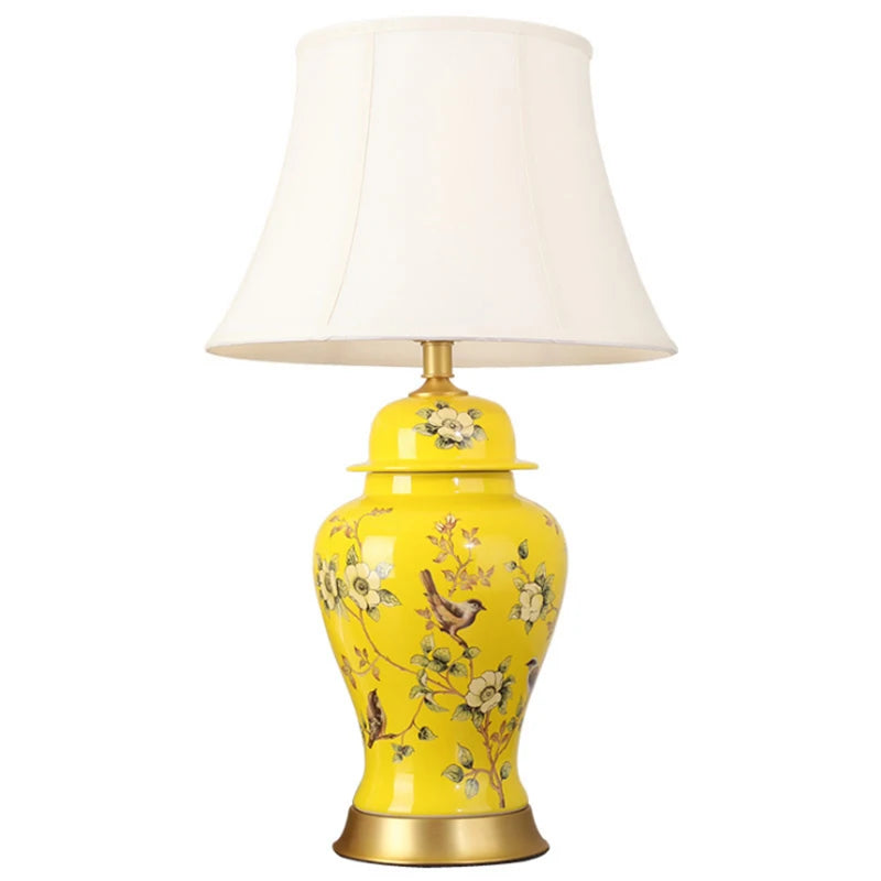 Lampe de Table en céramique jaune à motif fleuri avec abat-jour en tissu VIOLET